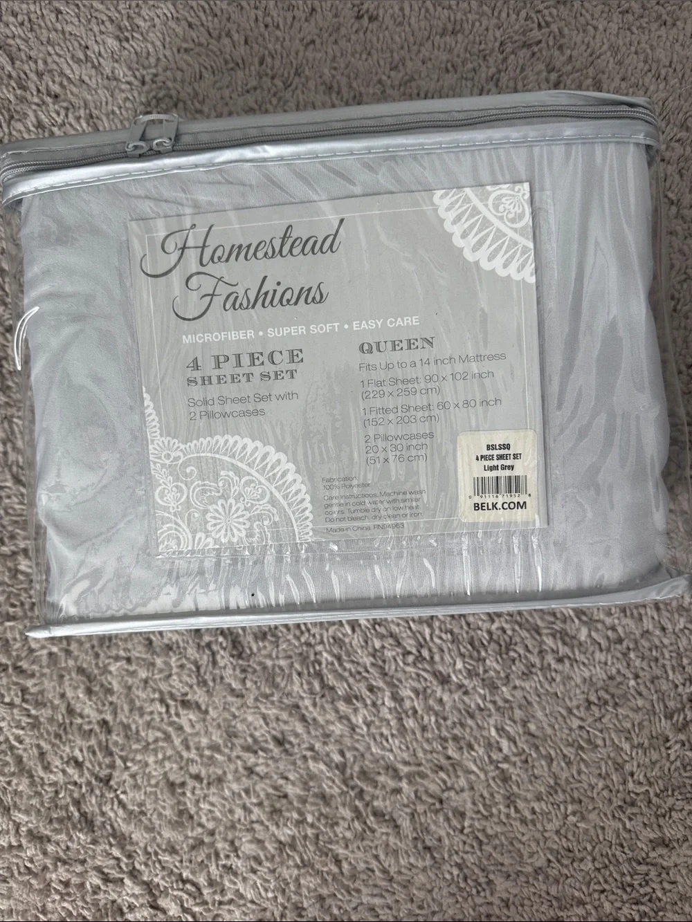 Homestead Fashions Light Grey 4-Piece Queen Sheet Set